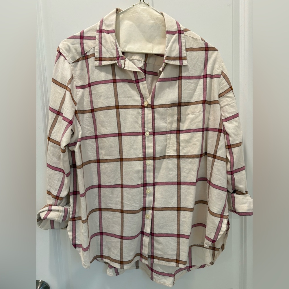 LOFT Cranberry and Brown Plaid Shirt, Sz Med
